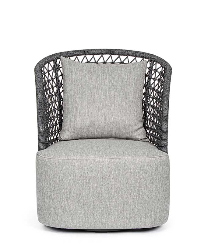 Kortárs stílusú, antracitszürke színű, forgatható, formatervezett kerti dizájn fotel.