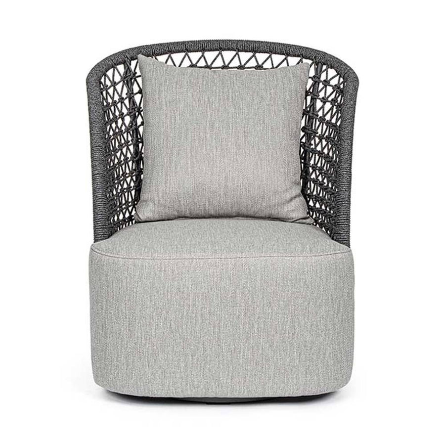 Kortárs stílusú, antracitszürke színű, forgatható, formatervezett kerti dizájn fotel.