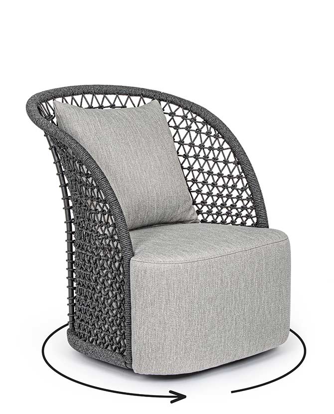 Kortárs stílusú, antracitszürke színű, forgatható, formatervezett kerti dizájn fotel.