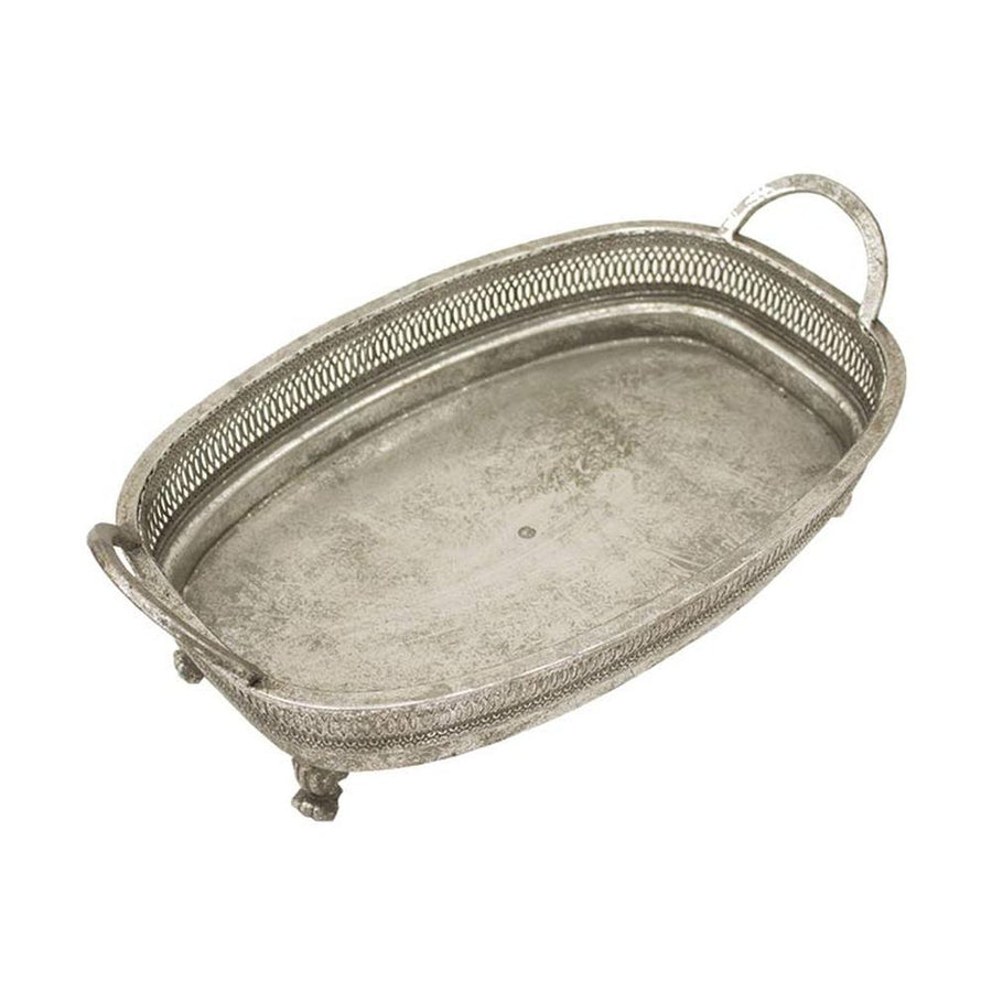 Lábakon álló, patinás, antik ezüst színű fémtálca