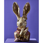 Antikolt felületű, arany masnival díszített, galléros nyuszi lány mellszobor.