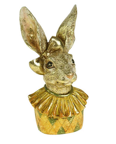 Antikolt felületű, kárómintás ruhát viselő, arany masnival díszített, spanyolgalléros nyuszi lány mellszobor.