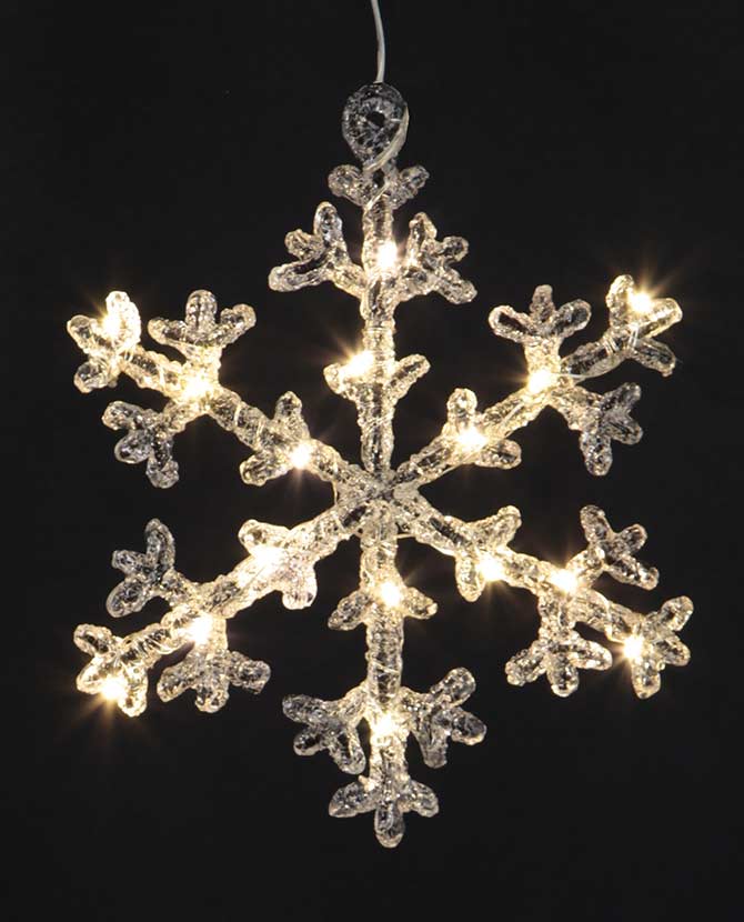 Függeszthető, 16 db meleg fehér fényű, időzíthető  LED világítással felszerelt, világító karácsonyi jeges hópehely fekete háttér előtt 