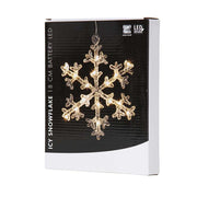 Függeszthető, 16 db meleg fehér fényű, időzíthető  LED világítással felszerelt, világító karácsonyi jeges hópehely gyári dobozának képe