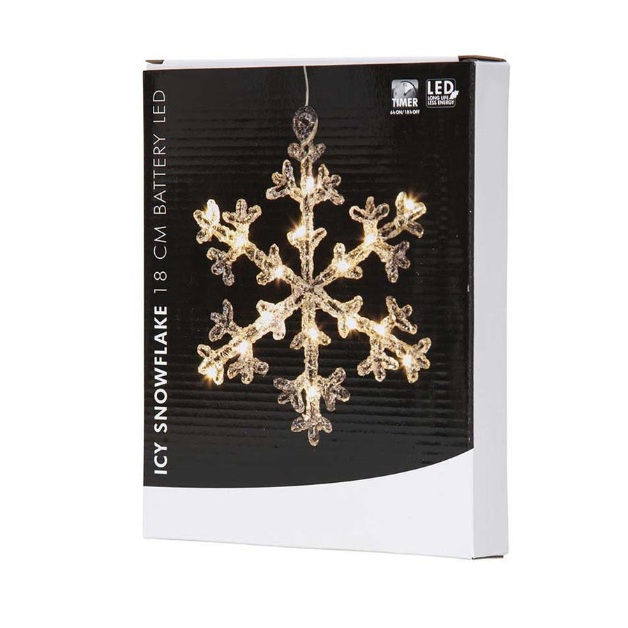 Függeszthető, 16 db meleg fehér fényű, időzíthető  LED világítással felszerelt, világító karácsonyi jeges hópehely gyári dobozának képe
