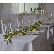 Karácsonyi fagyöngy girland műnövény, beépített, időzíthető meleg fehér fényű, harmatcsepp formájú LED világítással.