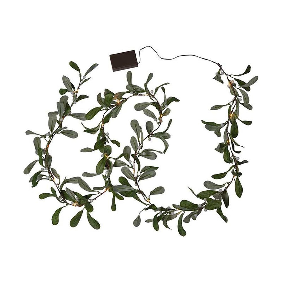 Karácsonyi fagyöngy girland műnövény, beépített, időzíthető meleg fehér fényű, harmatcsepp formájú LED világítással.