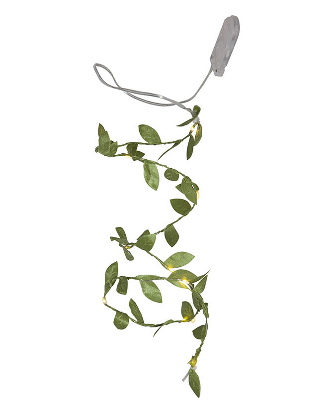 Mesterséges, 95 cm hosszú apró, zöld levelű girland műnövény, meleg fehér fényű, harmatcsepp formájú LED világítással