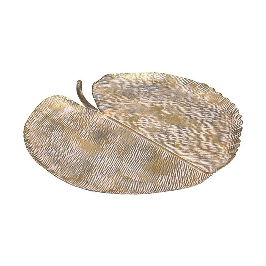 Levél formájú, 30 cm hosszú és 30 cm széles, patinás felületű, antikolt arany színű fém tálca.