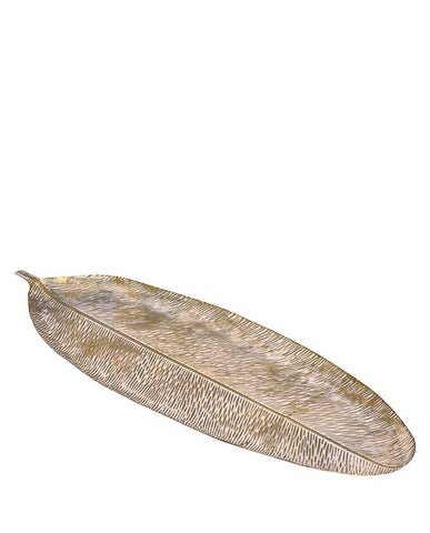 Levél formájú, 50 cm hosszú és 17 cm széles, patinás felületű, antikolt arany színű fém tálca.