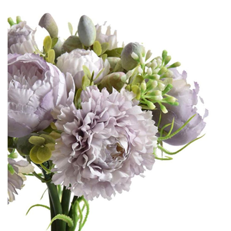 Élethű megjelenésű, mesterséges lila színű dáliából és pünkösdirózsából készült művirág csokor