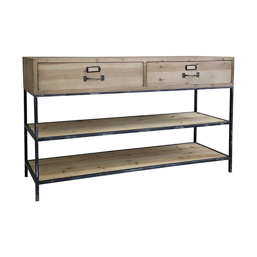 Natúr színű, loft stílusú 2 fiókos, 2 polcos konzolasztal.