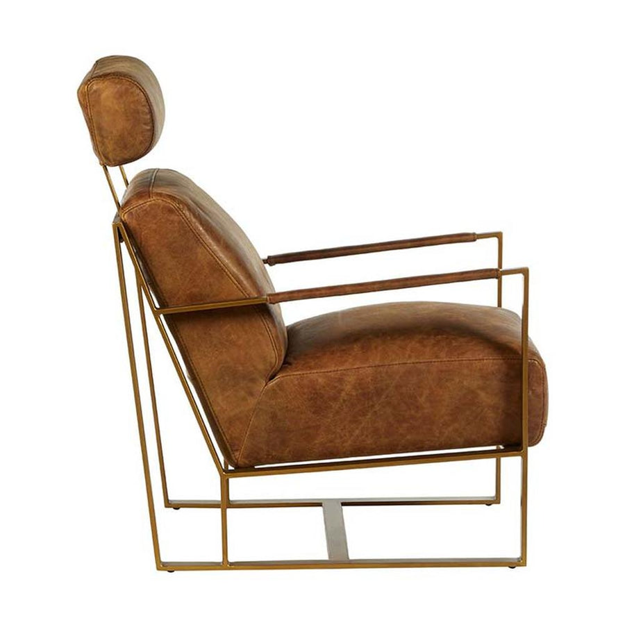 Matt arany színű bevonatú vasból készült, vintage barna színű marhabőrrel kárpitozott, kortárs-loft stílusú, formatervezett prémium fotel.