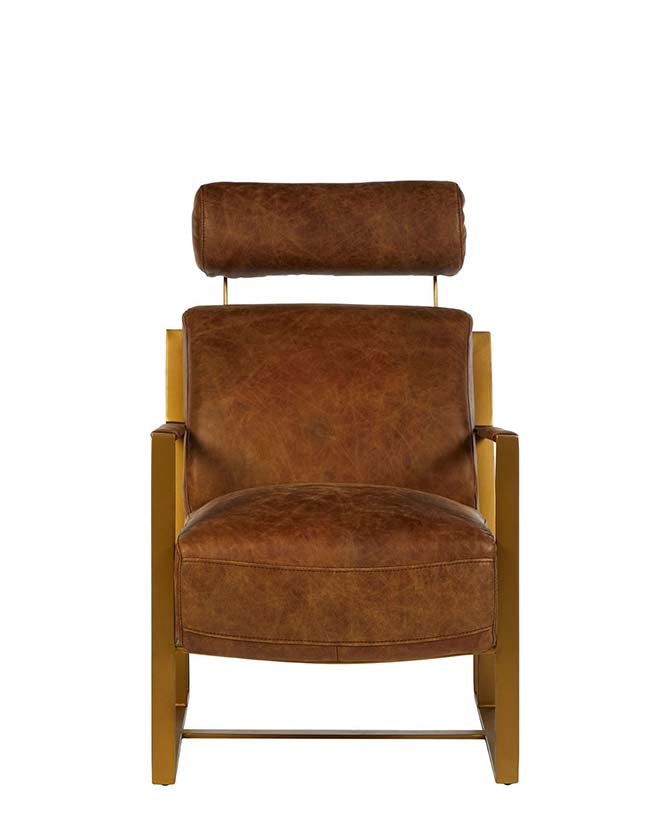 Matt arany színű bevonatú vasból készült, vintage barna színű marhabőrrel kárpitozott, kortárs-loft stílusú, formatervezett prémium fotel.