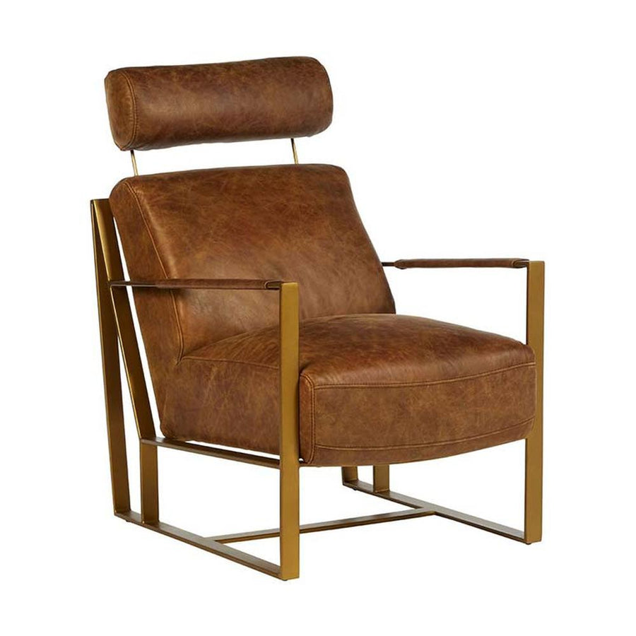 Matt arany színű bevonatú vasból készült, vintage barna színű marhabőrrel kárpitozott, kortárs-loft stílusú, formatervezett prémium fotel.