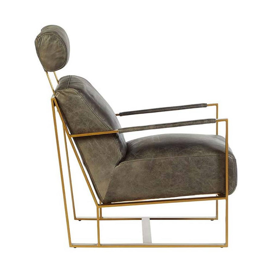 Matt arany színű bevonatú vasból készült, vintage sötétbarna színű marhabőrrel kárpitozott, kortárs-loft stílusú, formatervezett prémium fotel.