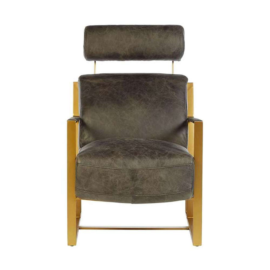 Matt arany színű bevonatú vasból készült, vintage sötétbarna színű marhabőrrel kárpitozott, kortárs-loft stílusú, formatervezett prémium fotel.