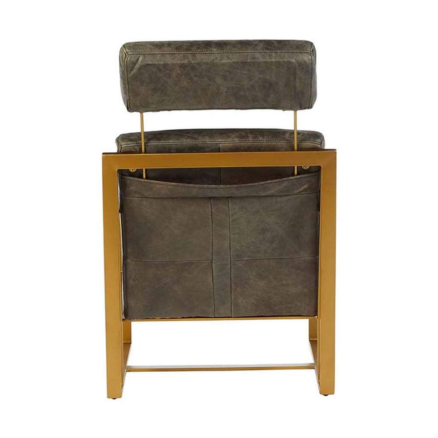 Matt arany színű bevonatú vasból készült, vintage sötétbarna színű marhabőrrel kárpitozott, kortárs-loft stílusú, formatervezett prémium fotel.