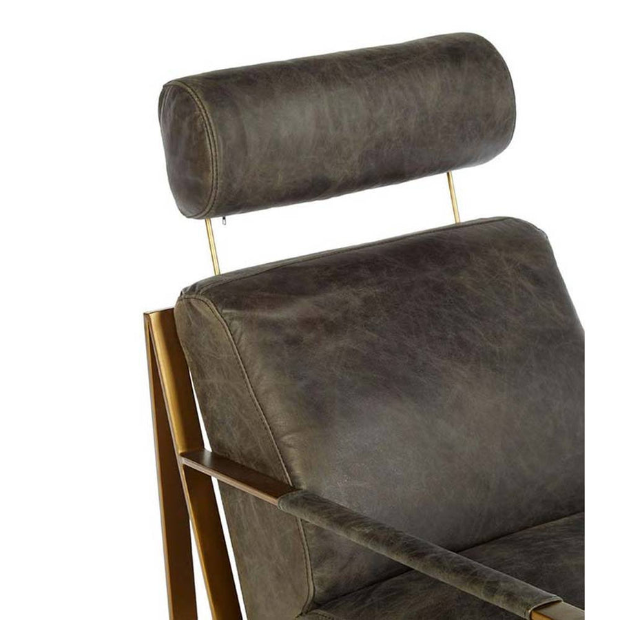 Matt arany színű bevonatú vasból készült, vintage sötétbarna színű marhabőrrel kárpitozott, kortárs-loft stílusú, formatervezett prémium fotel.