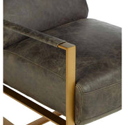 Matt arany színű bevonatú vasból készült, vintage sötétbarna színű marhabőrrel kárpitozott, kortárs-loft stílusú, formatervezett prémium fotel.