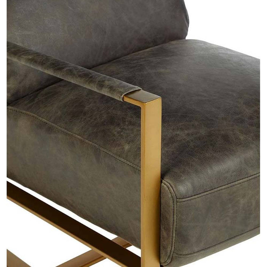 Matt arany színű bevonatú vasból készült, vintage sötétbarna színű marhabőrrel kárpitozott, kortárs-loft stílusú, formatervezett prémium fotel.