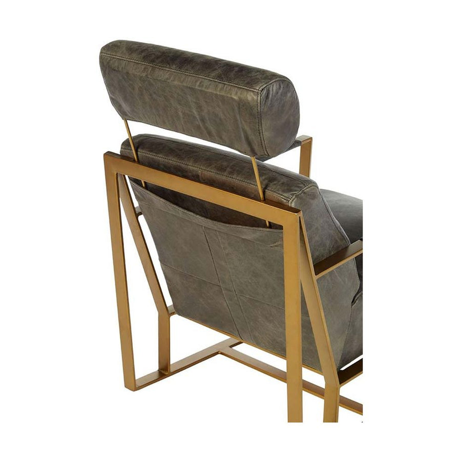 Matt arany színű bevonatú vasból készült, vintage sötétbarna színű marhabőrrel kárpitozott, kortárs-loft stílusú, formatervezett prémium fotel.