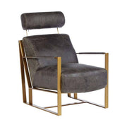 Matt arany színű bevonatú vasból készült, vintage sötétbarna színű marhabőrrel kárpitozott, kortárs-loft stílusú, formatervezett prémium fotel.