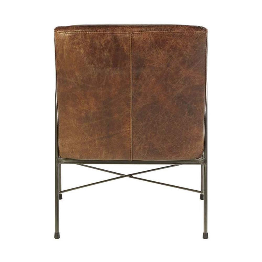 Natúr színű vasból készült, barna színű marhabőrrel kárpitozott, kortárs-loft stílusú, formatervezett prémium karosszék.