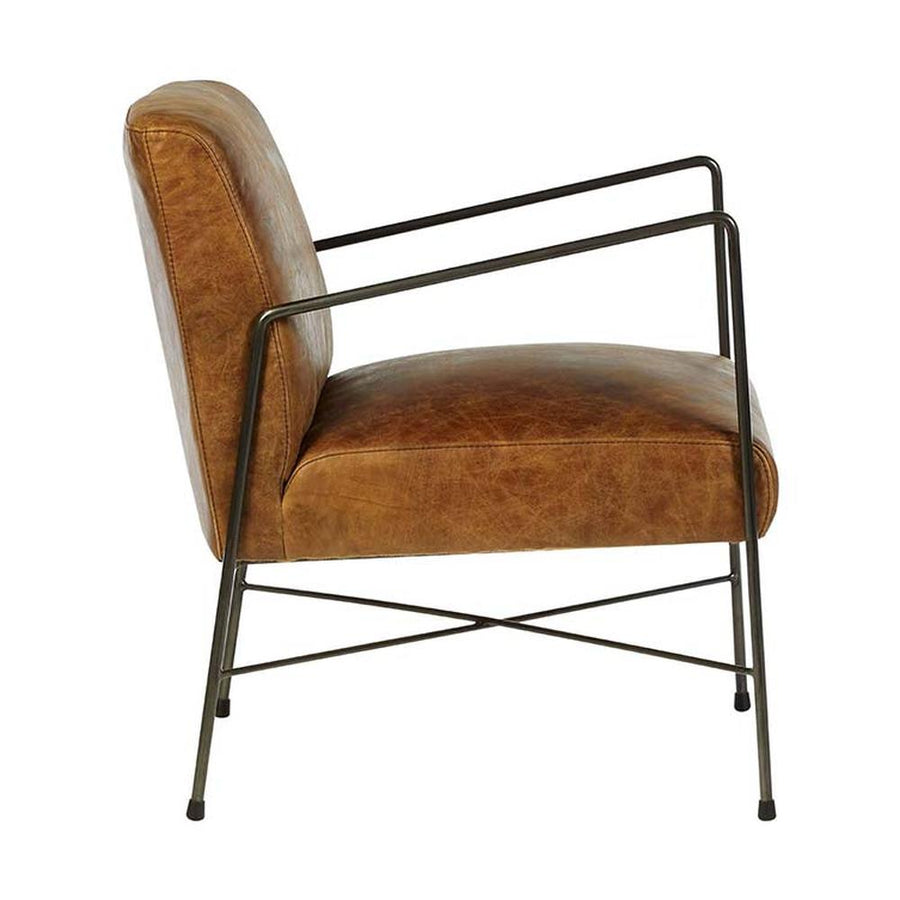 Natúr színű vasból készült, dohánybarna színű marhabőrrel kárpitozott, kortárs-loft stílusú, formatervezett prémium karosszék.