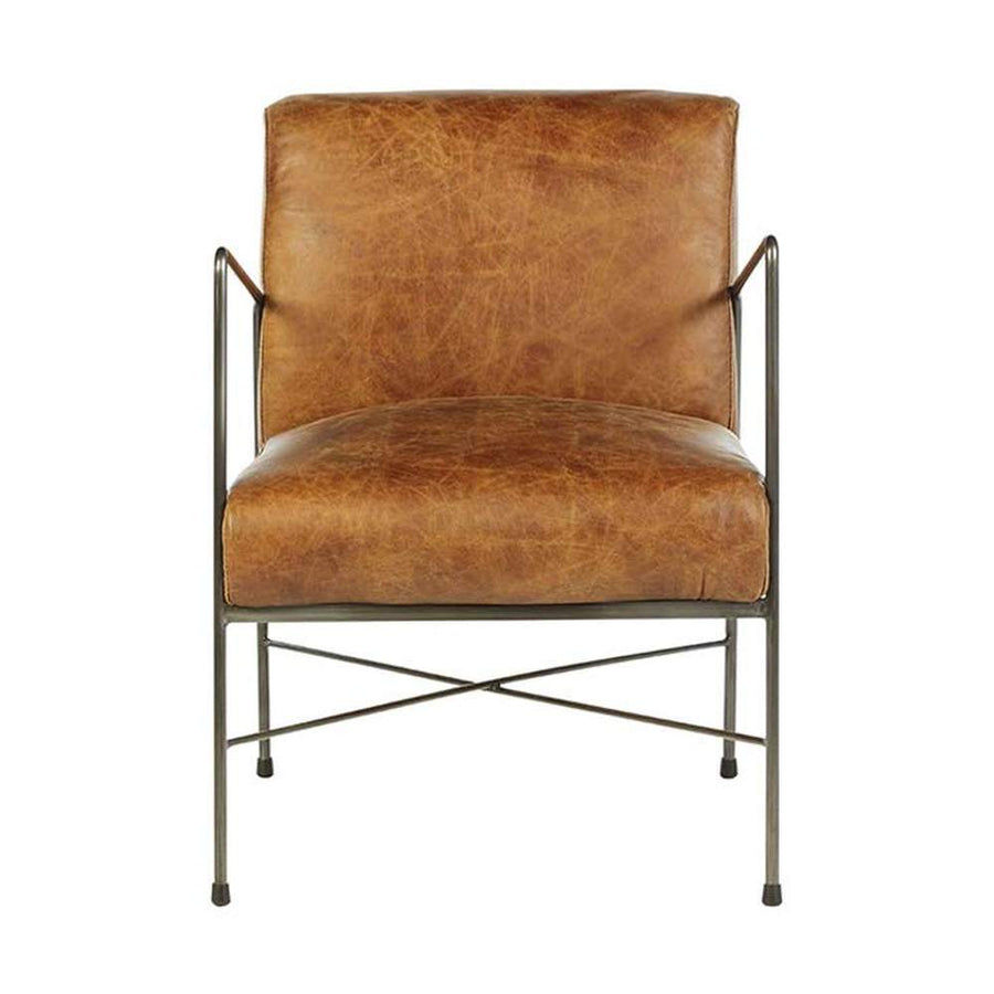 Natúr színű vasból készült, dohánybarna színű marhabőrrel kárpitozott, kortárs-loft stílusú, formatervezett prémium karosszék.