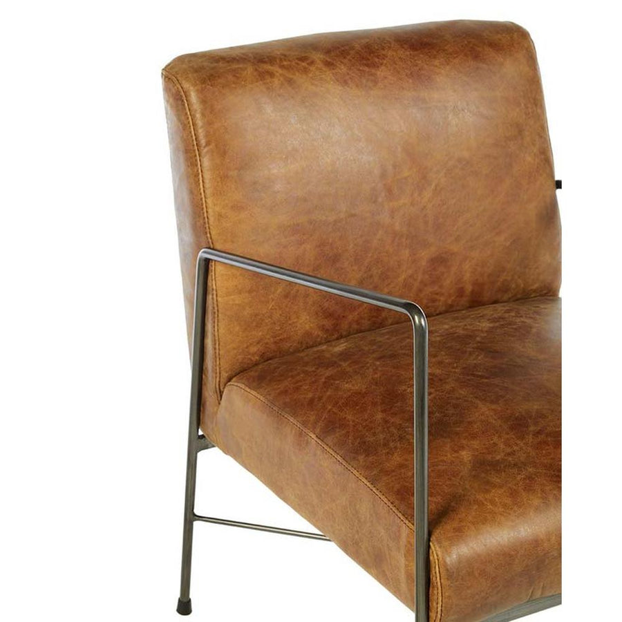 Natúr színű vasból készült, dohánybarna színű marhabőrrel kárpitozott, kortárs-loft stílusú, formatervezett prémium karosszék.