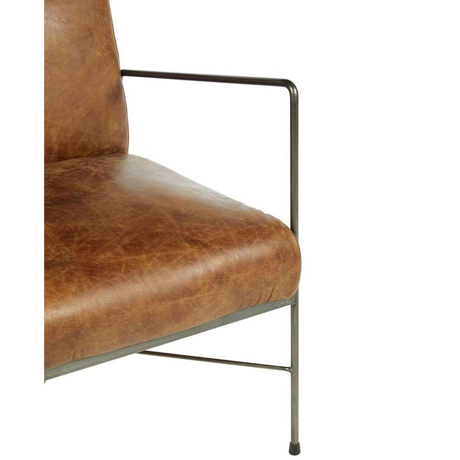 Natúr színű vasból készült, dohánybarna színű marhabőrrel kárpitozott, kortárs-loft stílusú, formatervezett prémium karosszék.