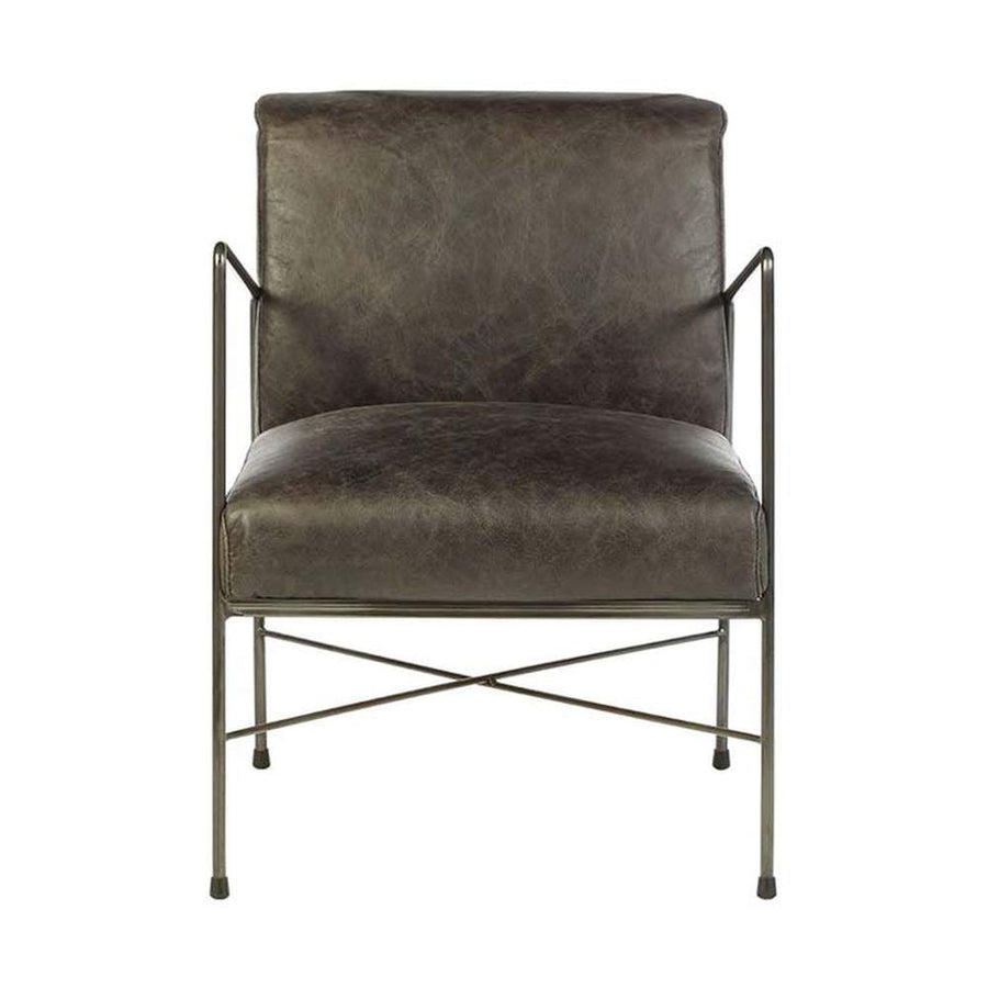 Natúr színű vasból készült, ébenfa színű marhabőrrel kárpitozott, kortárs-loft stílusú, formatervezett prémium karosszék.