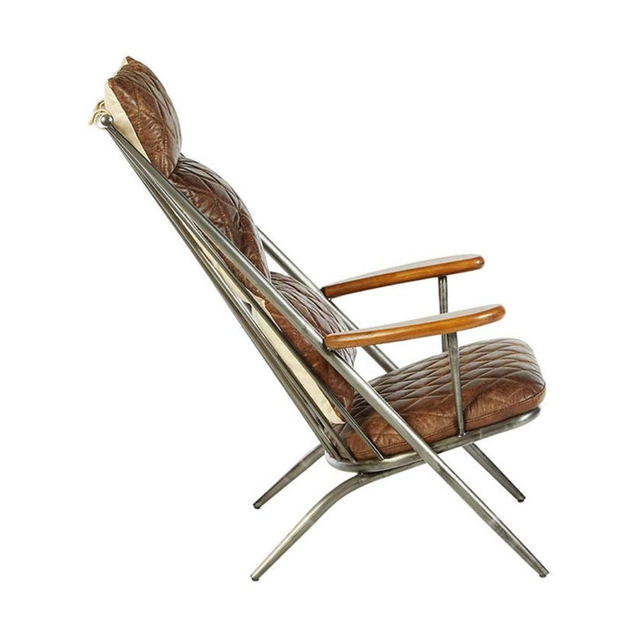 Vasból készült, vintage sötétbarna színű marhabőrrel kárpitozott, kortárs-loft stílusú, formatervezett prémium pihenő karosszék