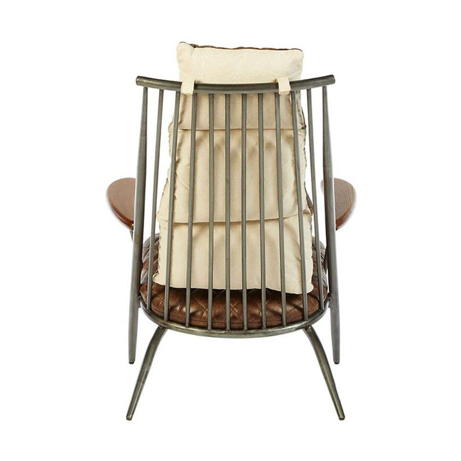 Vasból készült, vintage sötétbarna színű marhabőrrel kárpitozott, kortárs-loft stílusú, formatervezett prémium pihenő karosszék