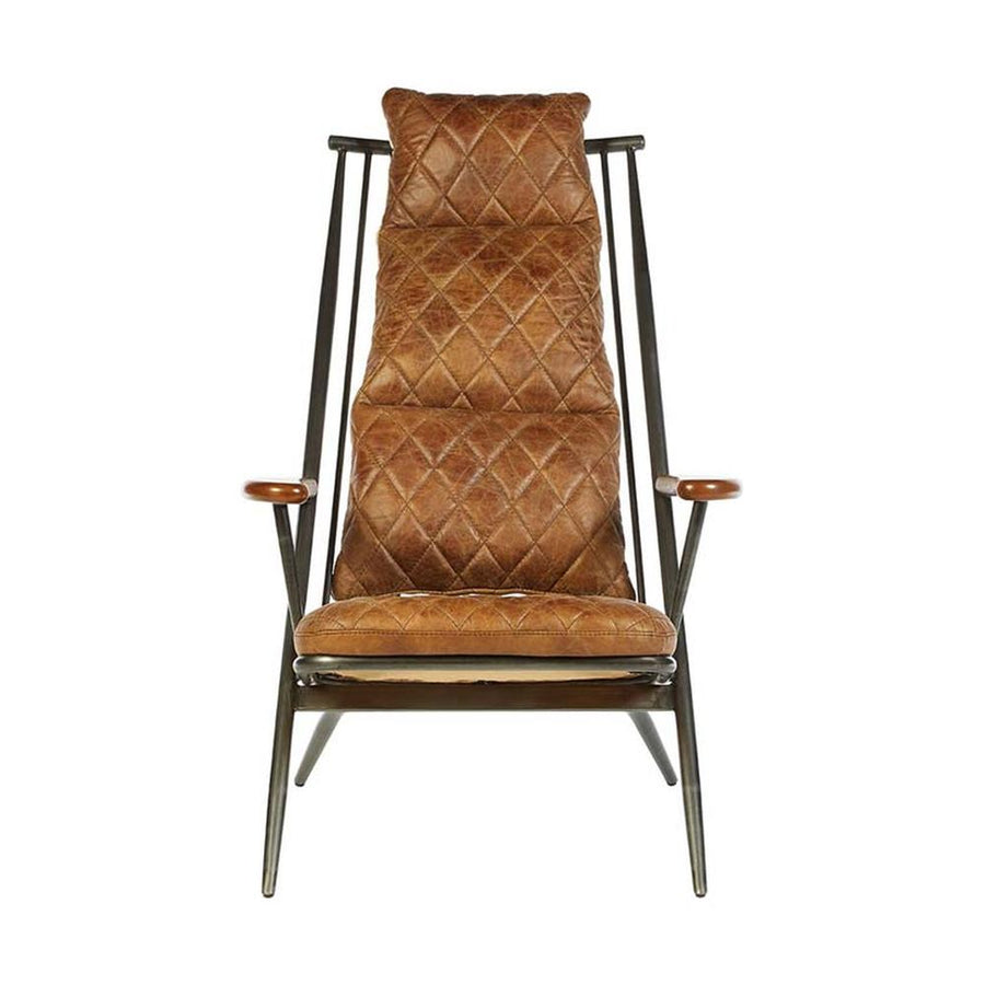 Vasból készült, vintage barna színű marhabőrrel kárpitozott, kortárs-loft stílusú, formatervezett prémium pihenő karosszék.