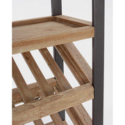 Fémből és fából készült, loft stílusú bortartó polcos állvány.