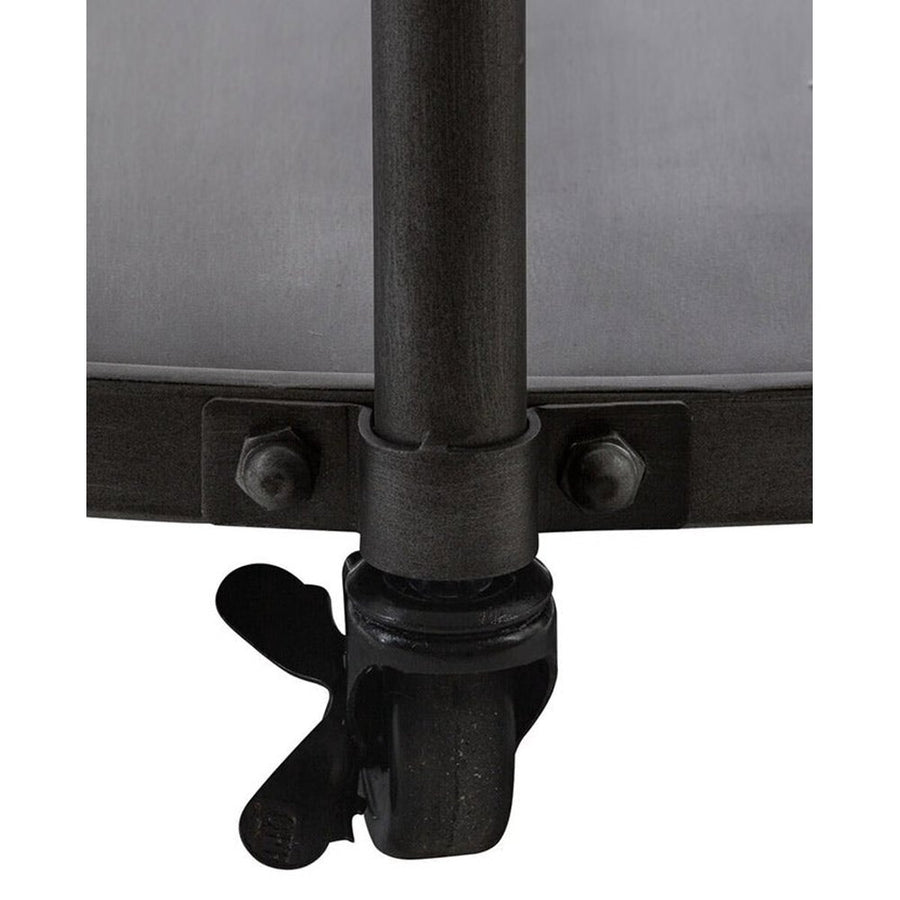 Impozáns méretű, 90 cm átmérőjű, fémből, fenyőfából és edzett üvegből készült, kerekekkel ellátott, loft stílusú dohányzóasztal