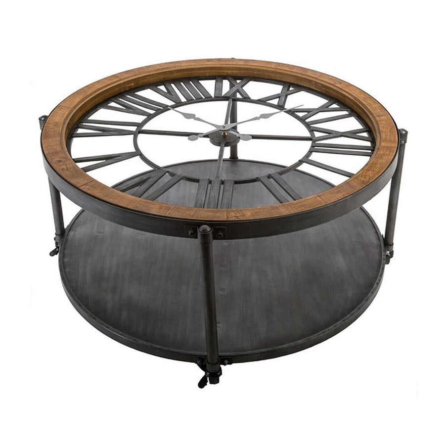 Impozáns méretű, 90 cm átmérőjű, fémből, fenyőfából és edzett üvegből készült, kerekekkel ellátott, loft stílusú dohányzóasztal