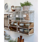 Ipari stílusú, 71 cm hosszú és 50 cm magas, 4 fiókos és 3 tárolókosárral rendelkező fali polc.