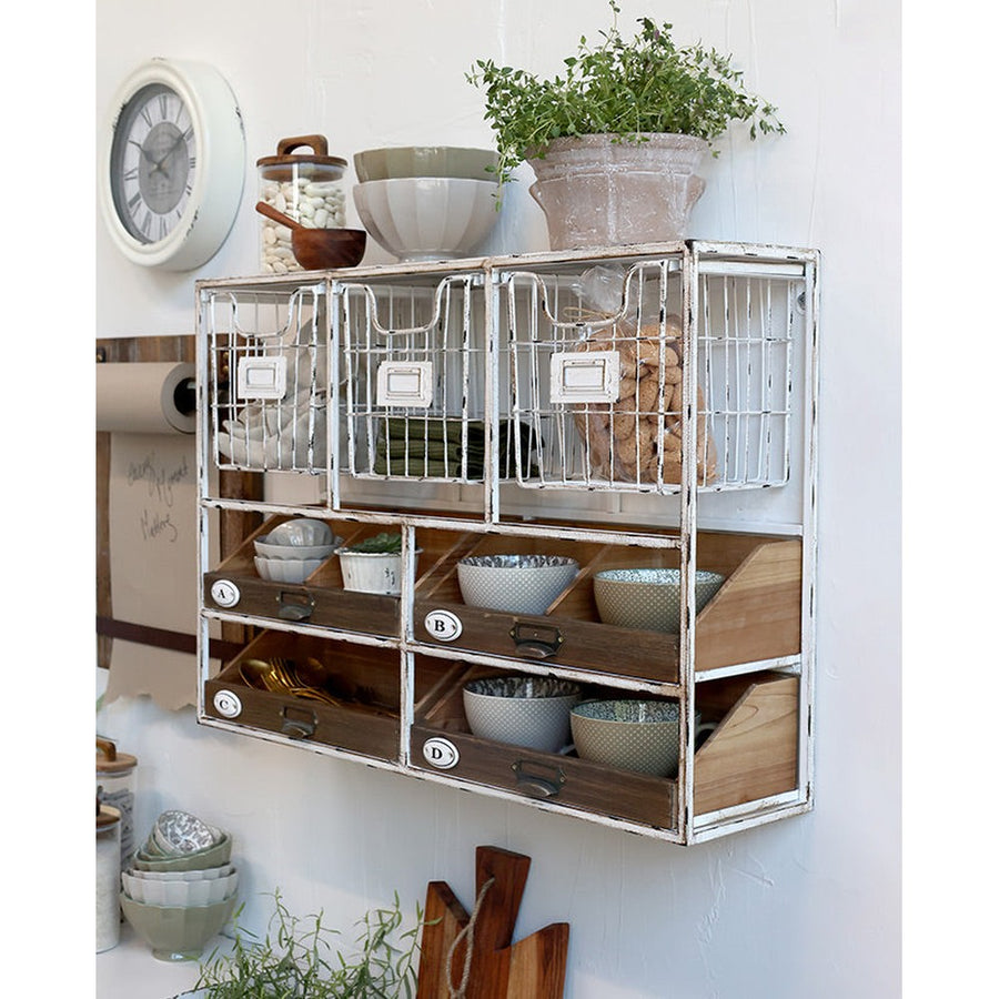 Ipari stílusú, 71 cm hosszú és 50 cm magas, 4 fiókos és 3 tárolókosárral rendelkező fali polc.