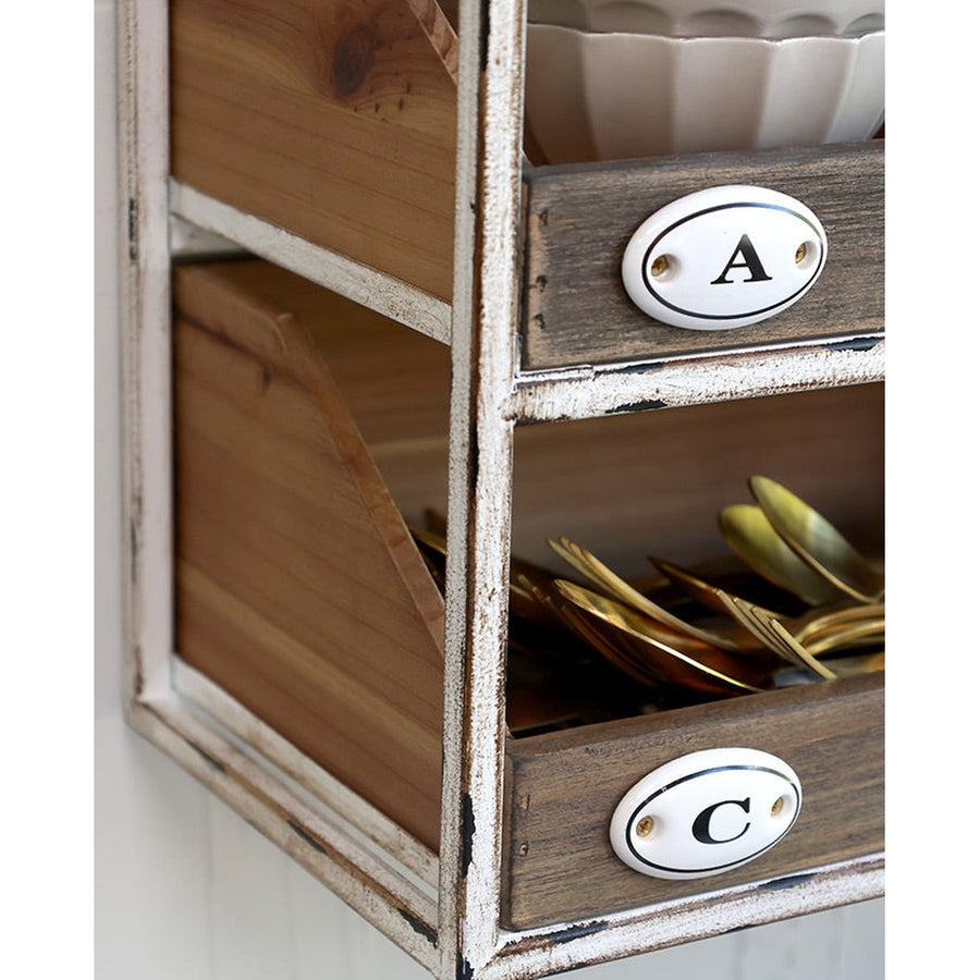 Ipari stílusú, 71 cm hosszú és 50 cm magas, 4 fiókos és 3 tárolókosárral rendelkező fali polc.