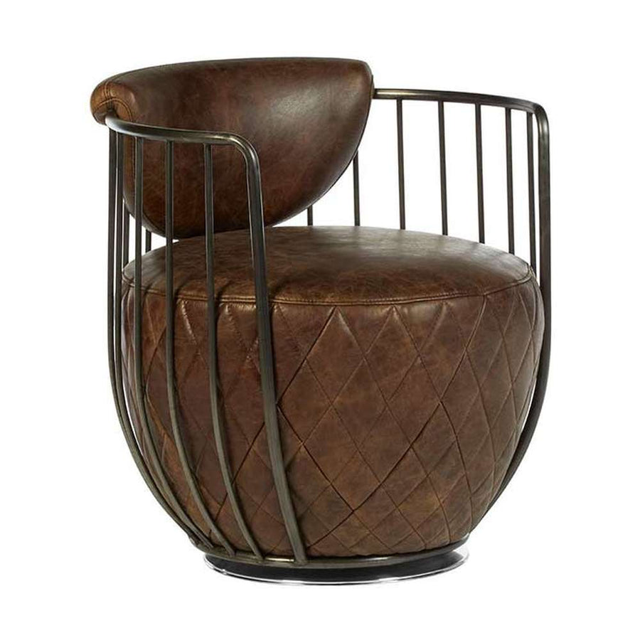 Vasból készült, 360 fokban körbe forgatható, vintage barna színű marhabőrrel kárpitozott, kortárs-loft stílusú, formatervezett prémium klubfotel.