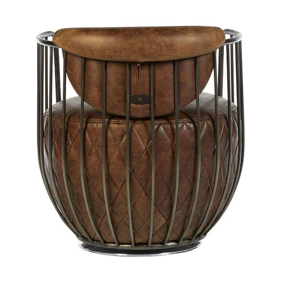 Vasból készült, 360 fokban körbe forgatható, vintage barna színű marhabőrrel kárpitozott, kortárs-loft stílusú, formatervezett prémium klubfotel.