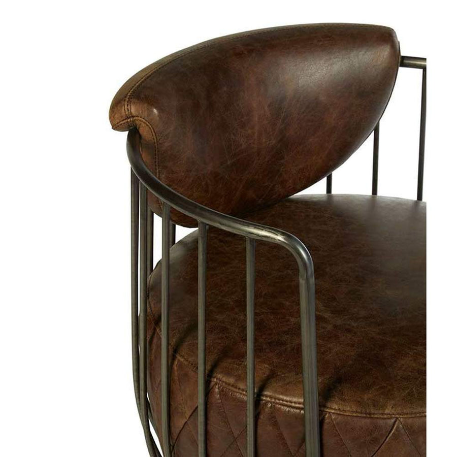 Vasból készült, 360 fokban körbe forgatható, vintage barna színű marhabőrrel kárpitozott, kortárs-loft stílusú, formatervezett prémium klubfotel.