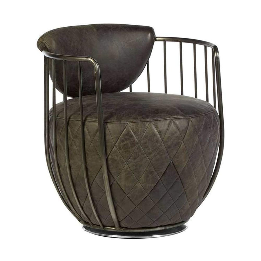 Vasból készült, 360 fokban körbe forgatható, ébenfa színű marhabőrrel kárpitozott, kortárs-loft stílusú, formatervezett prémium klubfotel.