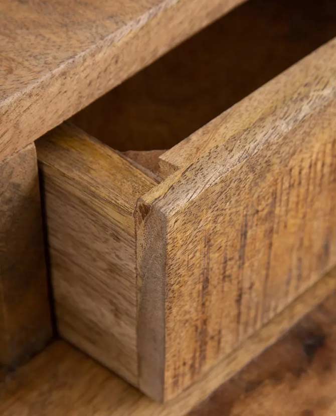 Mangófából és vasból készült, 120 cm hosszú, 2 fiókos kiemelt tárolórésszel ellátott, kortárs loft stílusú formatervezett íróasztal