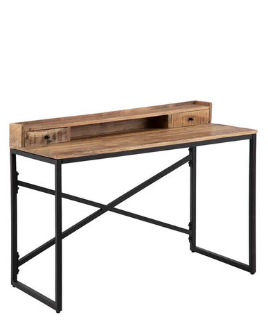 Mangófából és vasból készült, 120 cm hosszú, 2 fiókos kiemelt tárolórésszel ellátott, kortárs loft stílusú formatervezett íróasztal