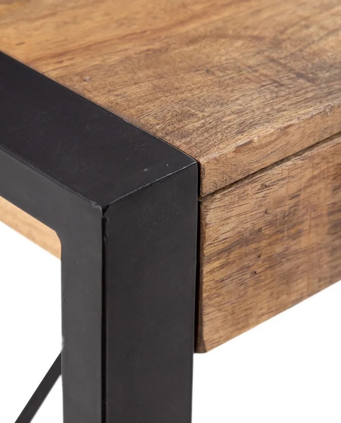 Mangófából és vasból készült, 140 cm hosszú, 2 fiókos, kortárs loft stílusú formatervezett íróasztal