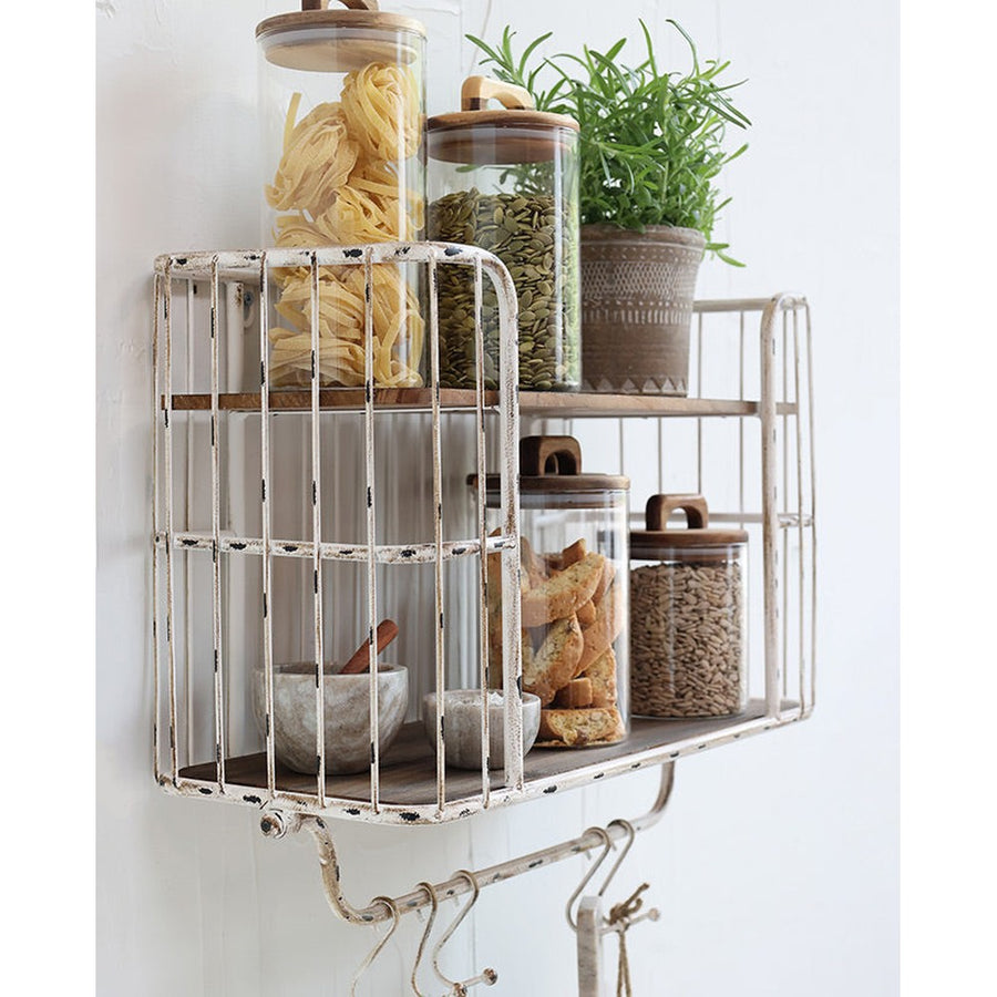 Loft stílusú, 52 cm hosszú, antikolt felületű, fém fogasokkal felszerelt konyhai falipolc.